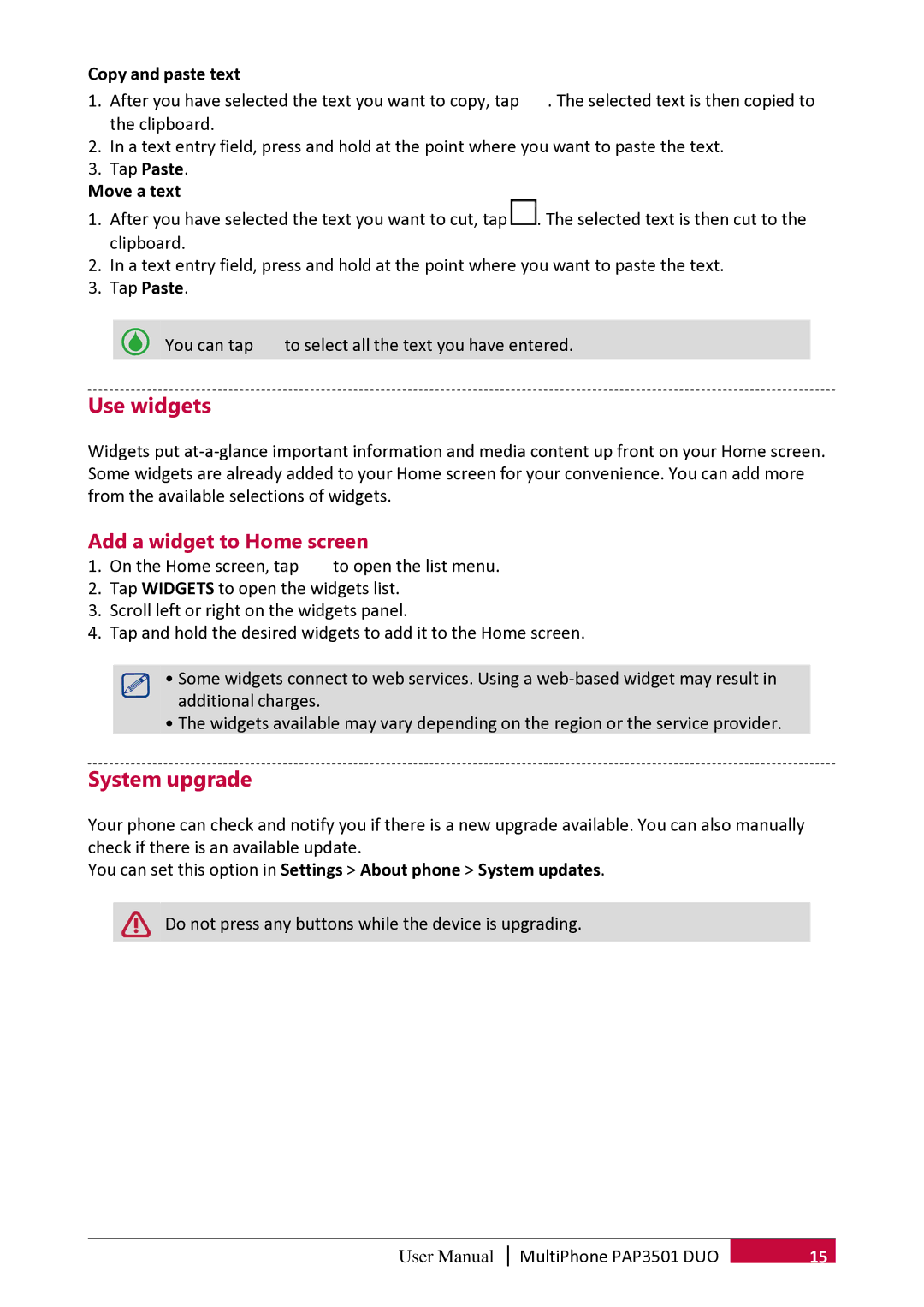 Prestigio PER3162 user manual Use widgets, System upgrade, Add a widget to Home screen, Copy and paste text, Move a text 