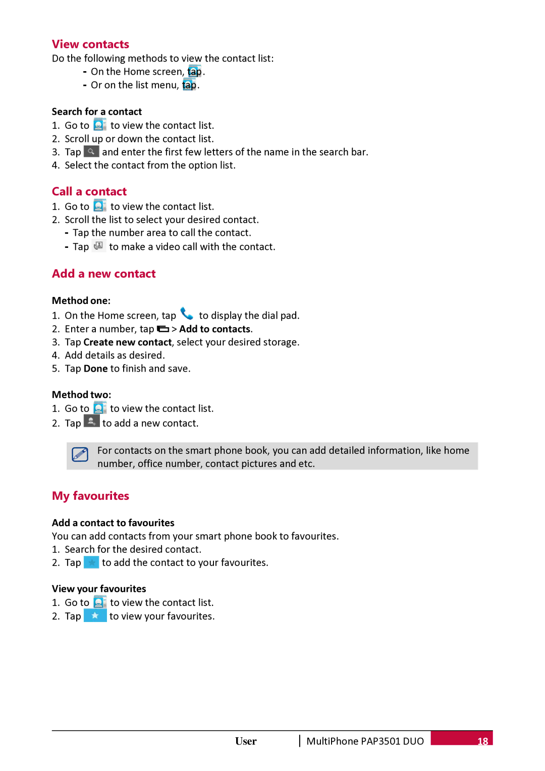 Prestigio PER3162 user manual View contacts, Call a contact, Add a new contact, My favourites 