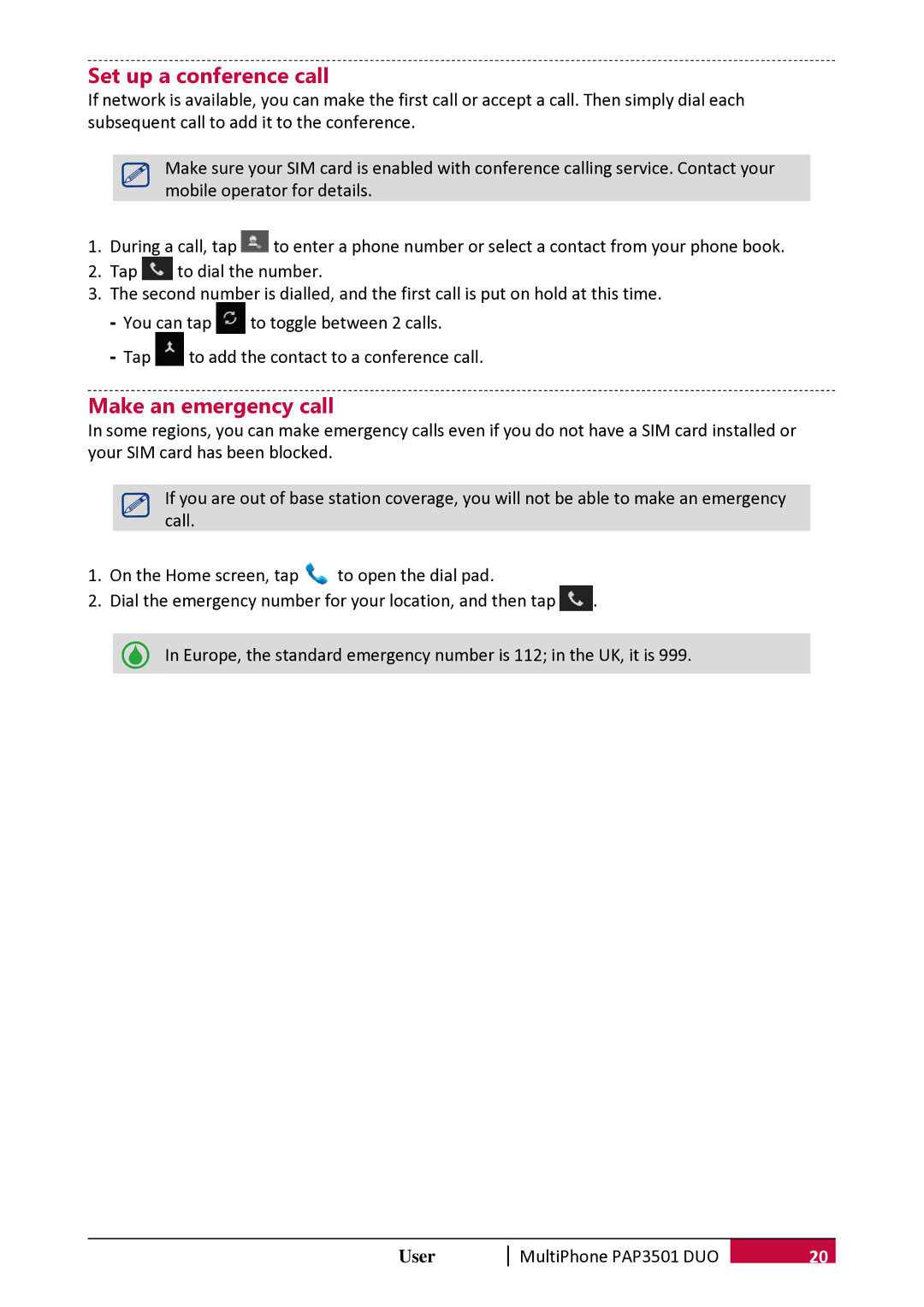 Prestigio PER3162 user manual Set up a conference call, Make an emergency call 