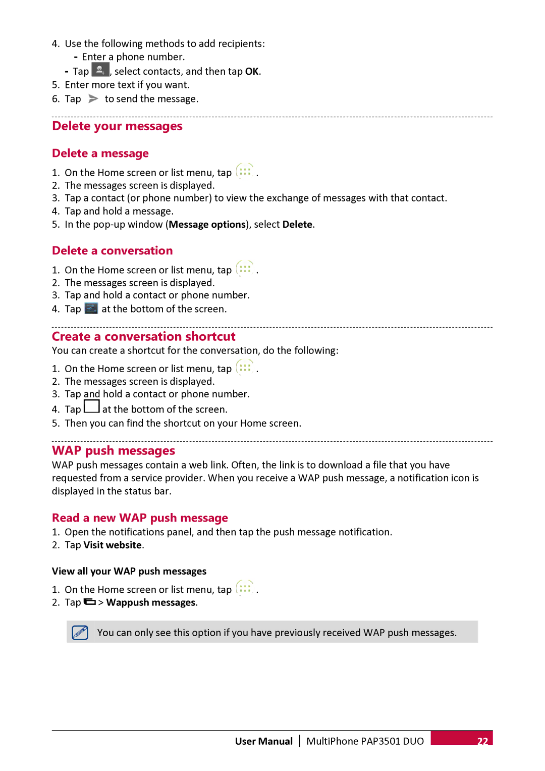 Prestigio PER3162 user manual Delete your messages, Create a conversation shortcut, WAP push messages 