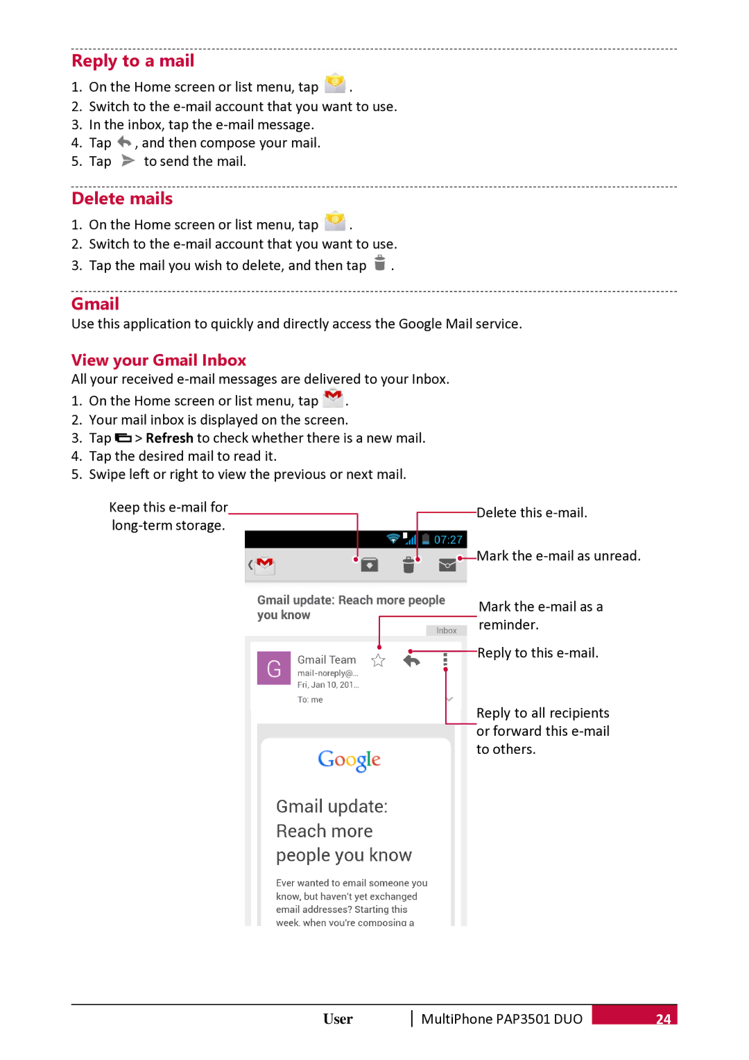 Prestigio PER3162 user manual Reply to a mail, Delete mails, View your Gmail Inbox 