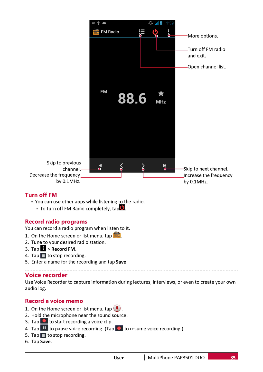 Prestigio PER3162 user manual Voice recorder, Turn off FM, Record radio programs, Record a voice memo, Tap Record FM 