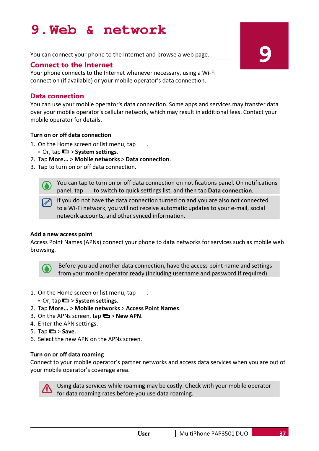 Prestigio PER3162 user manual Web & network, Connect to the Internet, Data connection 