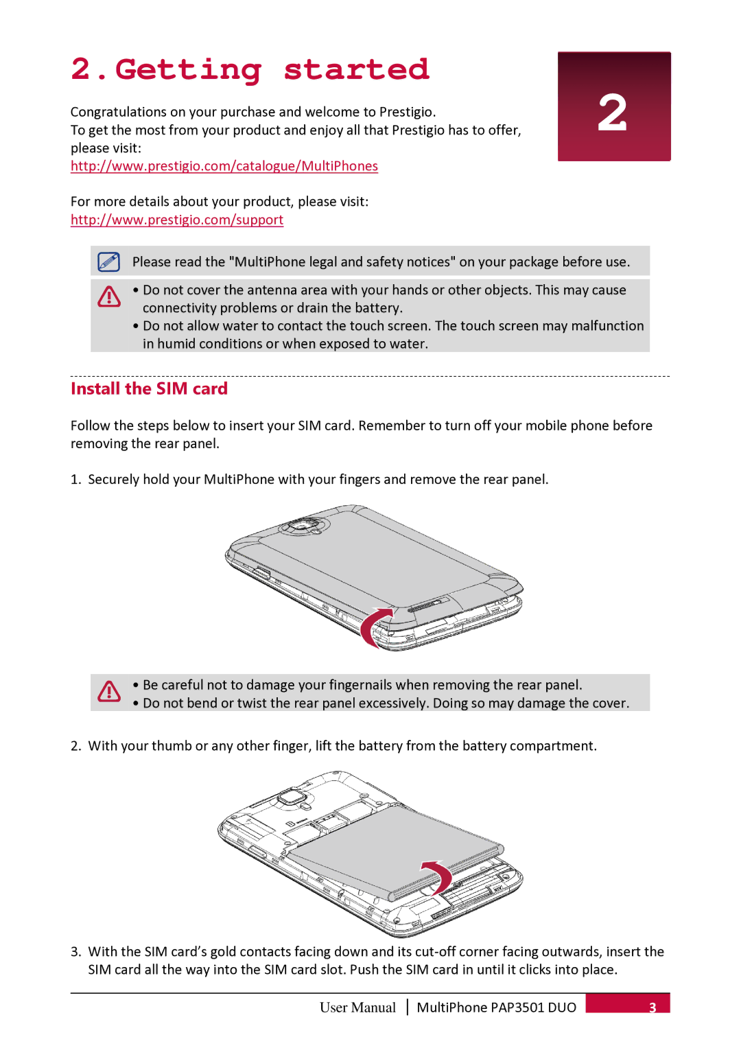 Prestigio PER3162 user manual Getting started, Install the SIM card 