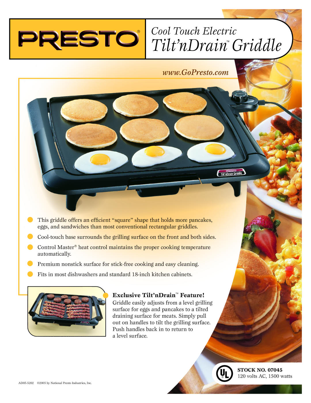 Presto 07045 manual Tilt’nDrain Griddle, Exclusive Tilt’nDrain Feature 