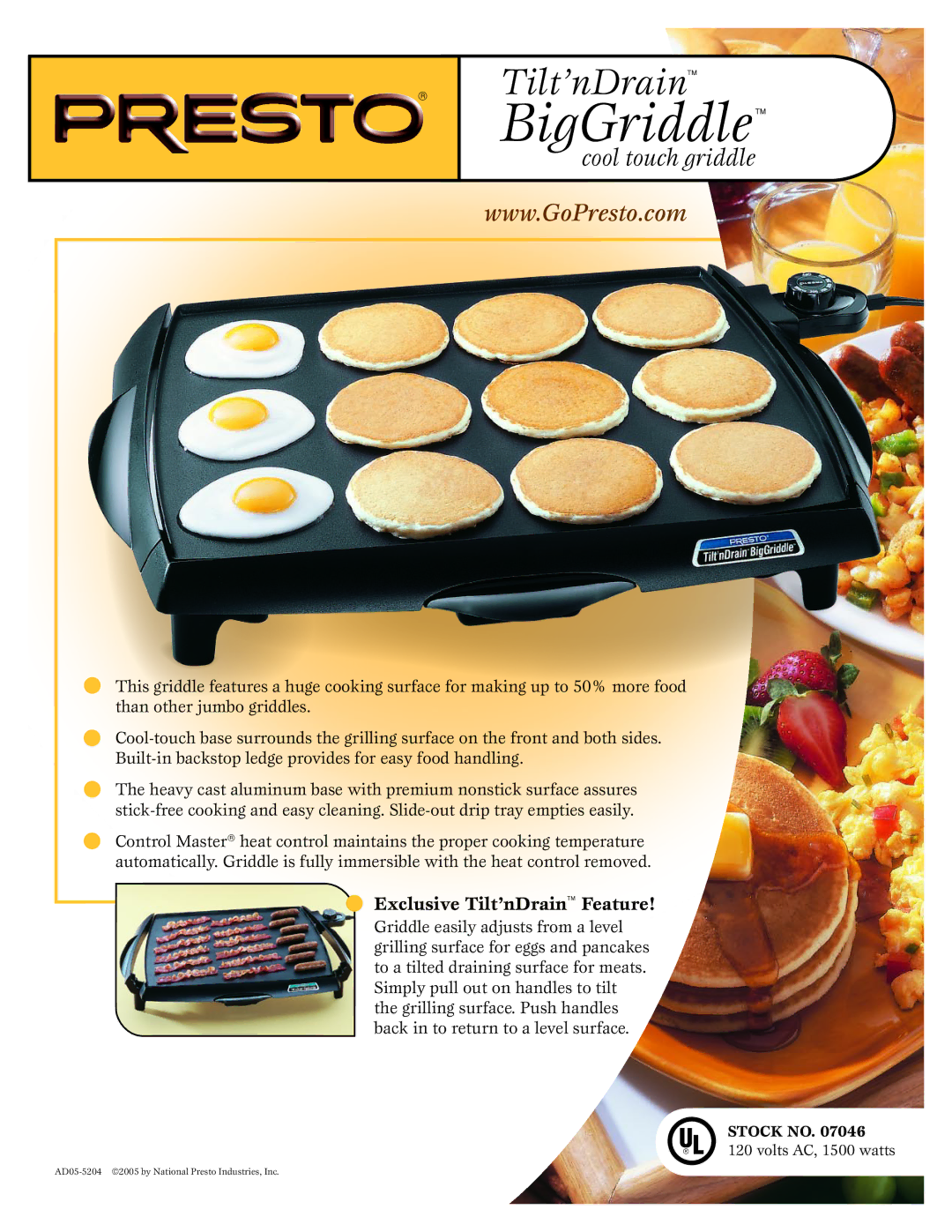 Presto 07046 manual BigGriddle, Cool touch griddle, Exclusive Tilt’nDrain Feature 