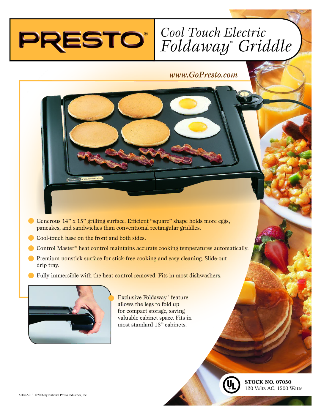 Presto 07050 manual Foldaway Griddle 