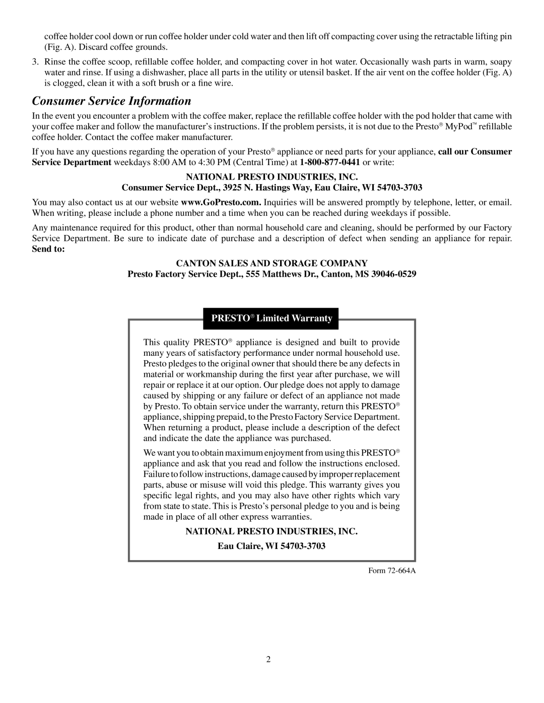 Presto 09401 manual Consumer Service Information, Eau Claire, WI 