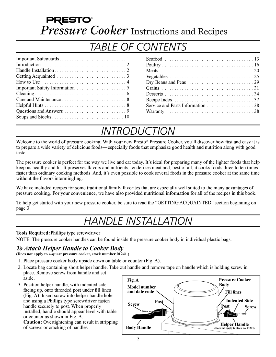 Presto 1362, 1282, 1241, 1264, 1341 manual Table of Contents, Introduction, Handle Installation 