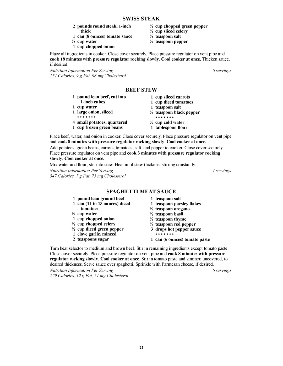 Presto 1241, 1282, 1362, 1264, 1341 manual Swiss Steak, Beef Stew, Spaghetti Meat Sauce 