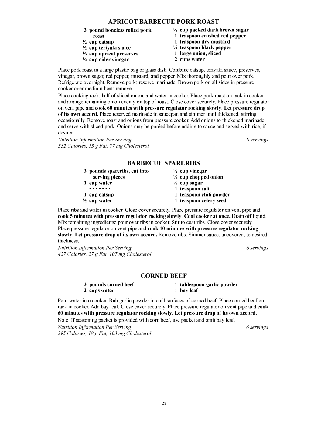 Presto 1362, 1282, 1241, 1264, 1341 manual Apricot Barbecue Pork Roast, Barbecue Spareribs, Corned Beef 