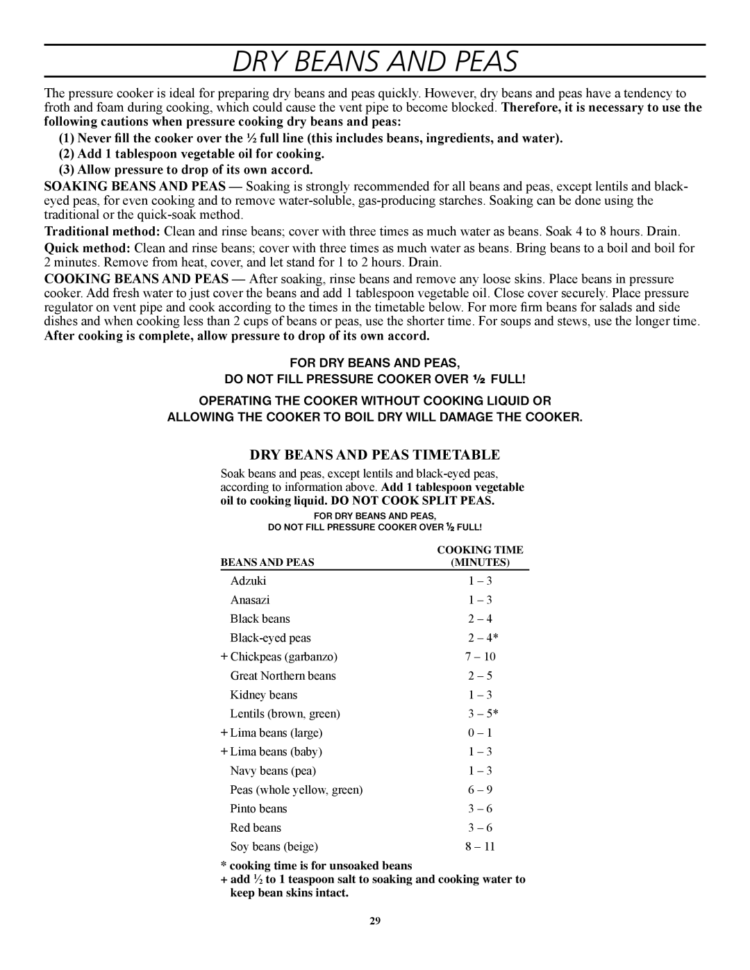 Presto 1341, 1282, 1241, 1362, 1264 manual Dry Beans and Peas, DRY Beans and Peas Timetable 