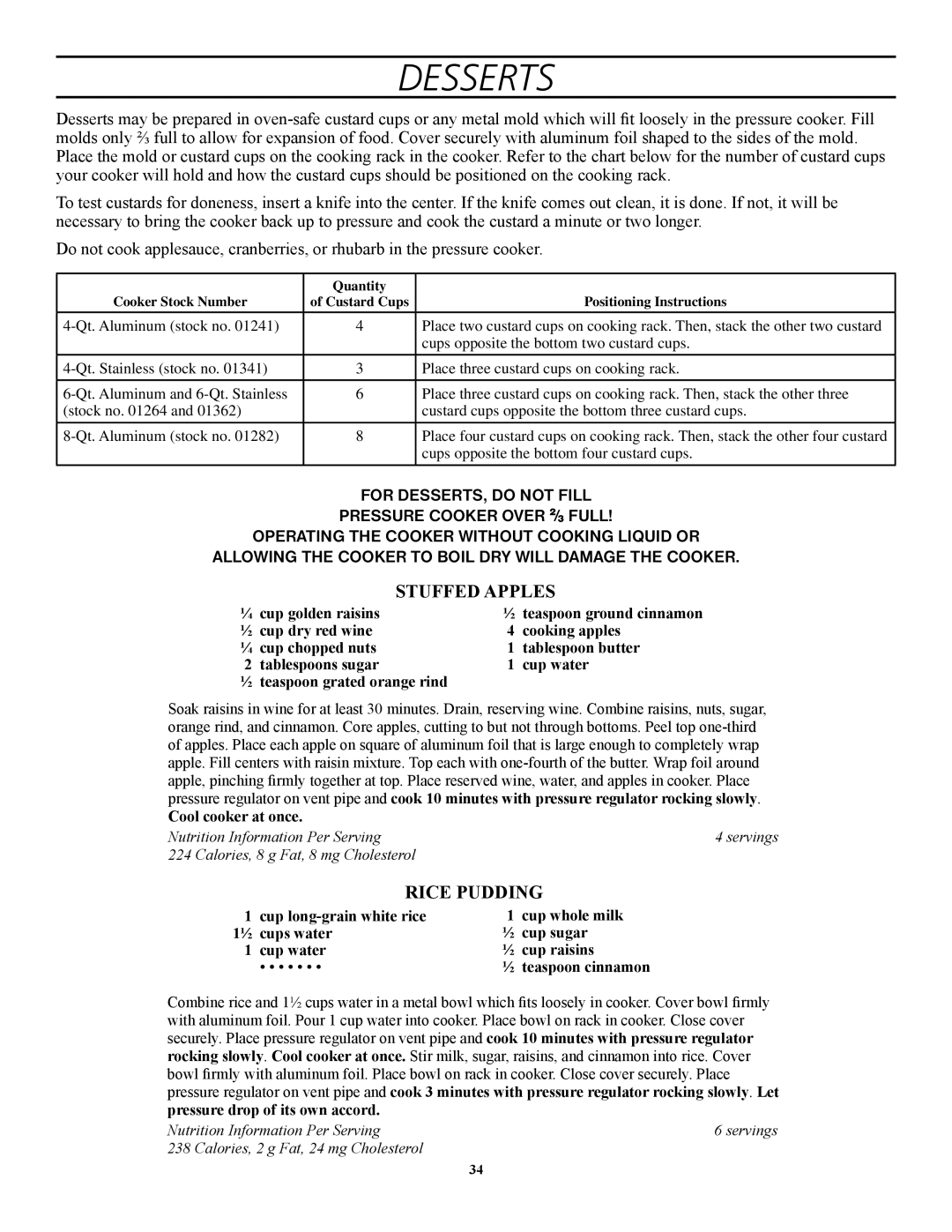 Presto 1341, 1282, 1241, 1362, 1264 manual Desserts, Stuffed apples, Rice Pudding 