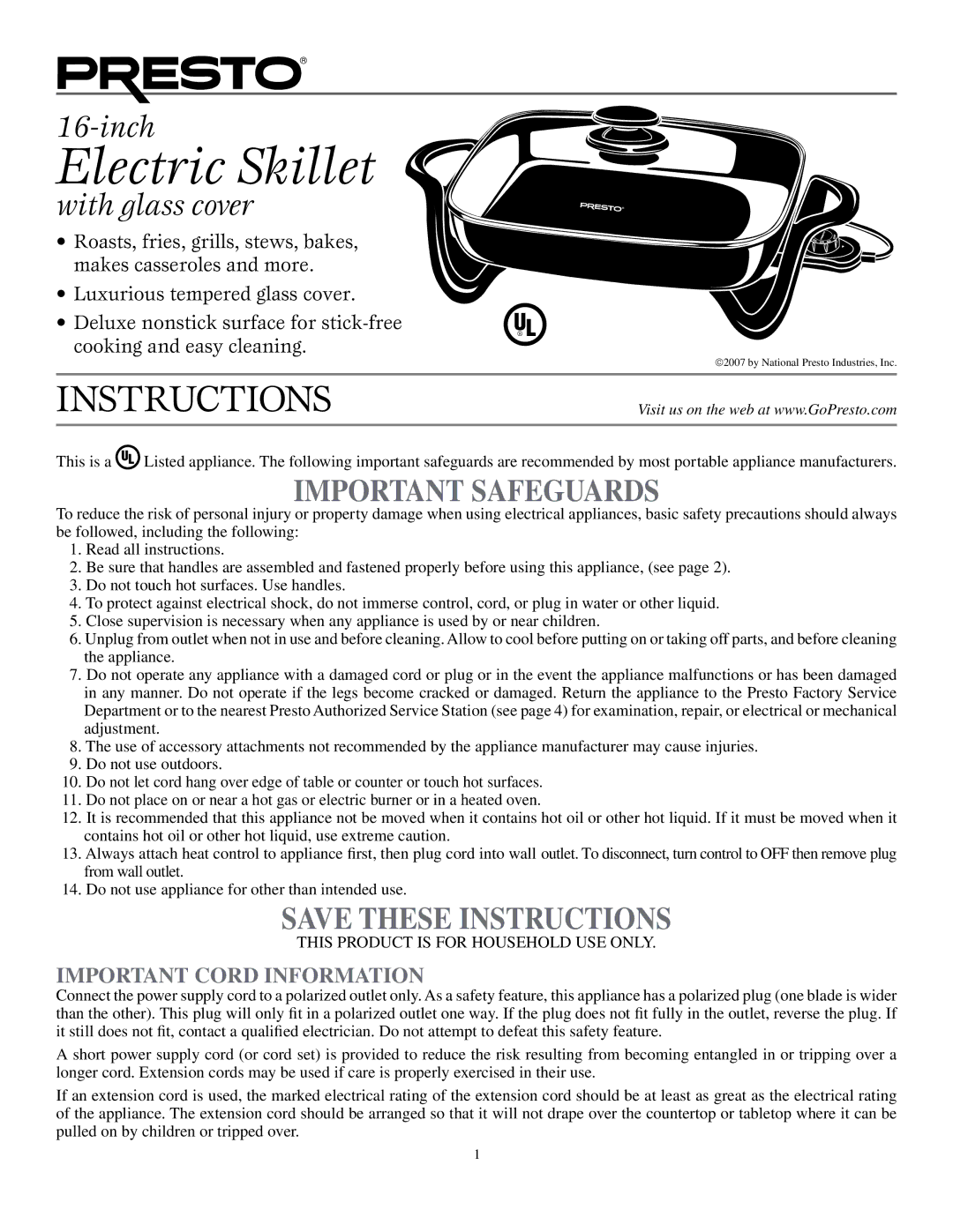 Presto 16-inch Electric Skillet manual 