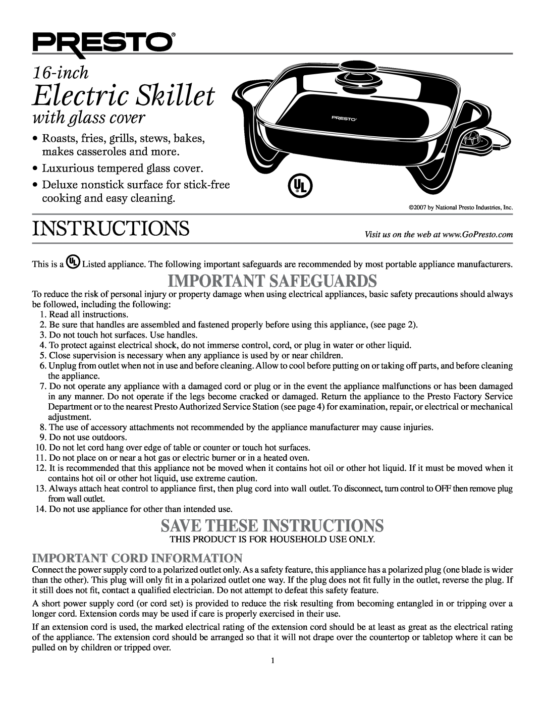 Presto 16-inch Electric Skillet manual Important Cord Information, Instructions, with glass cover, Important Safeguards 