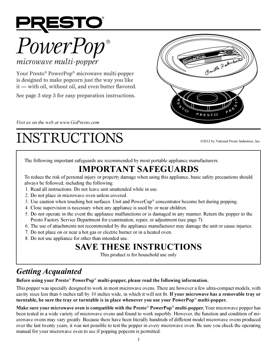 Presto 4830 manual PowerPop, Getting Acquainted 