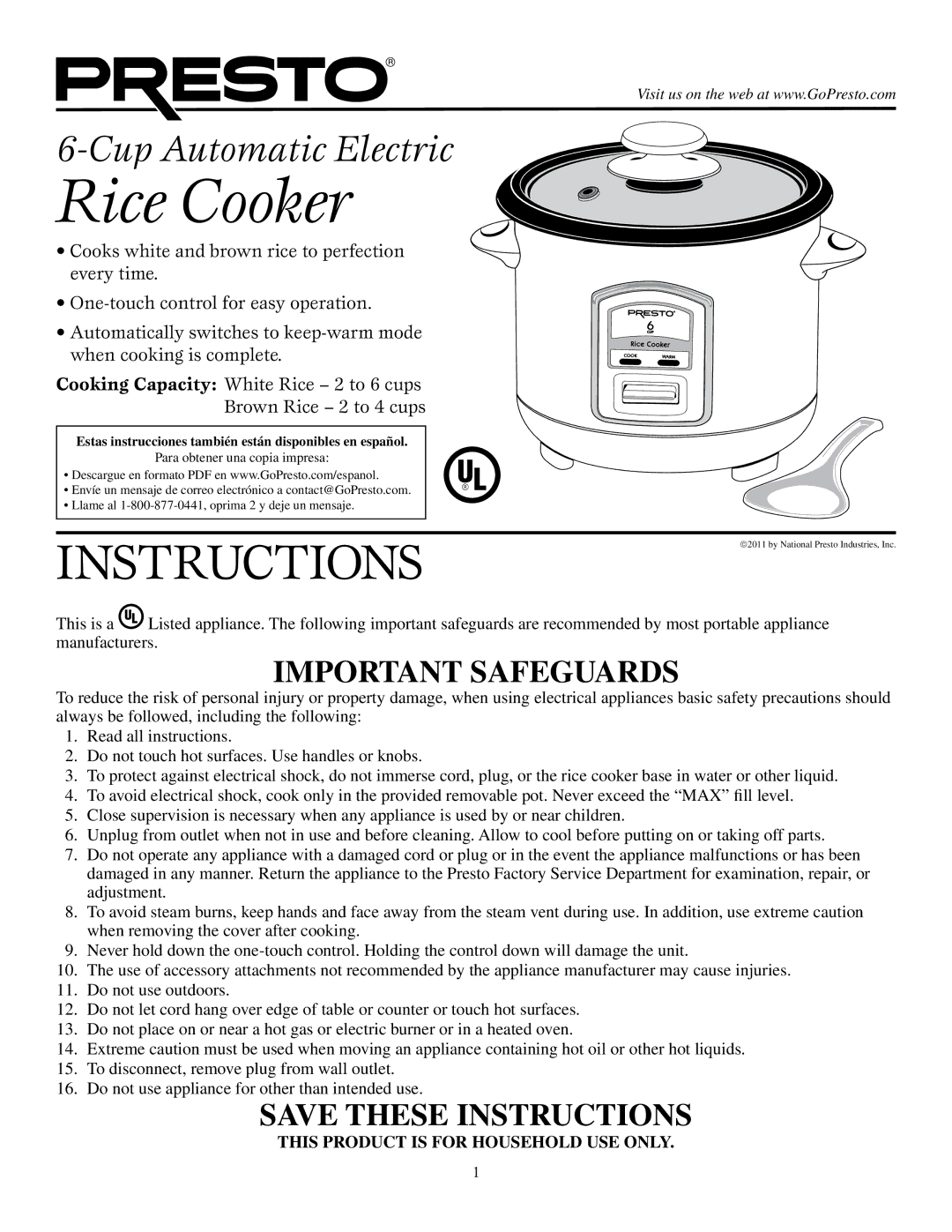 Presto 5810 manual Rice Cooker, This product is for household use only 