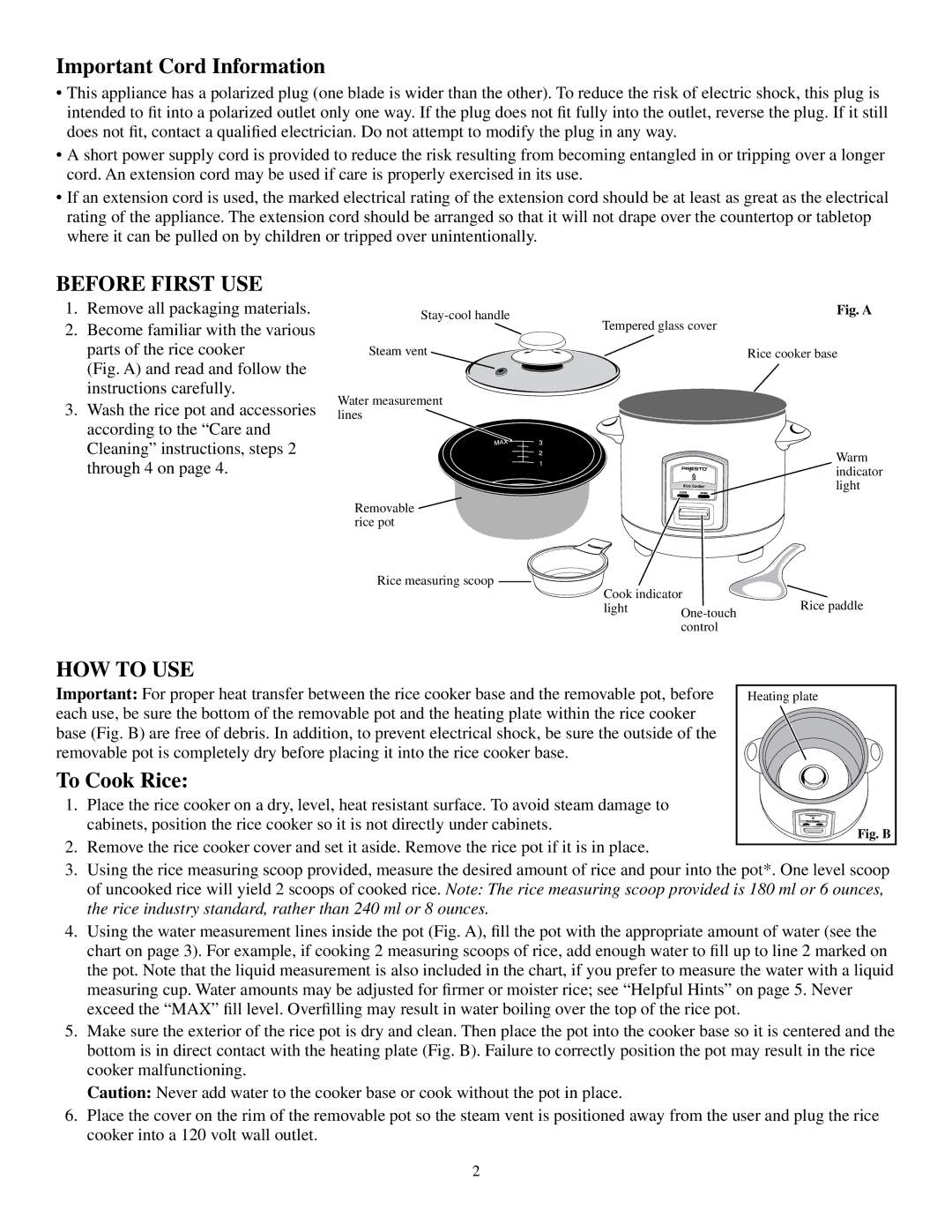 Presto 5810 manual Important Cord Information, Before First Use, How To Use, To Cook Rice 