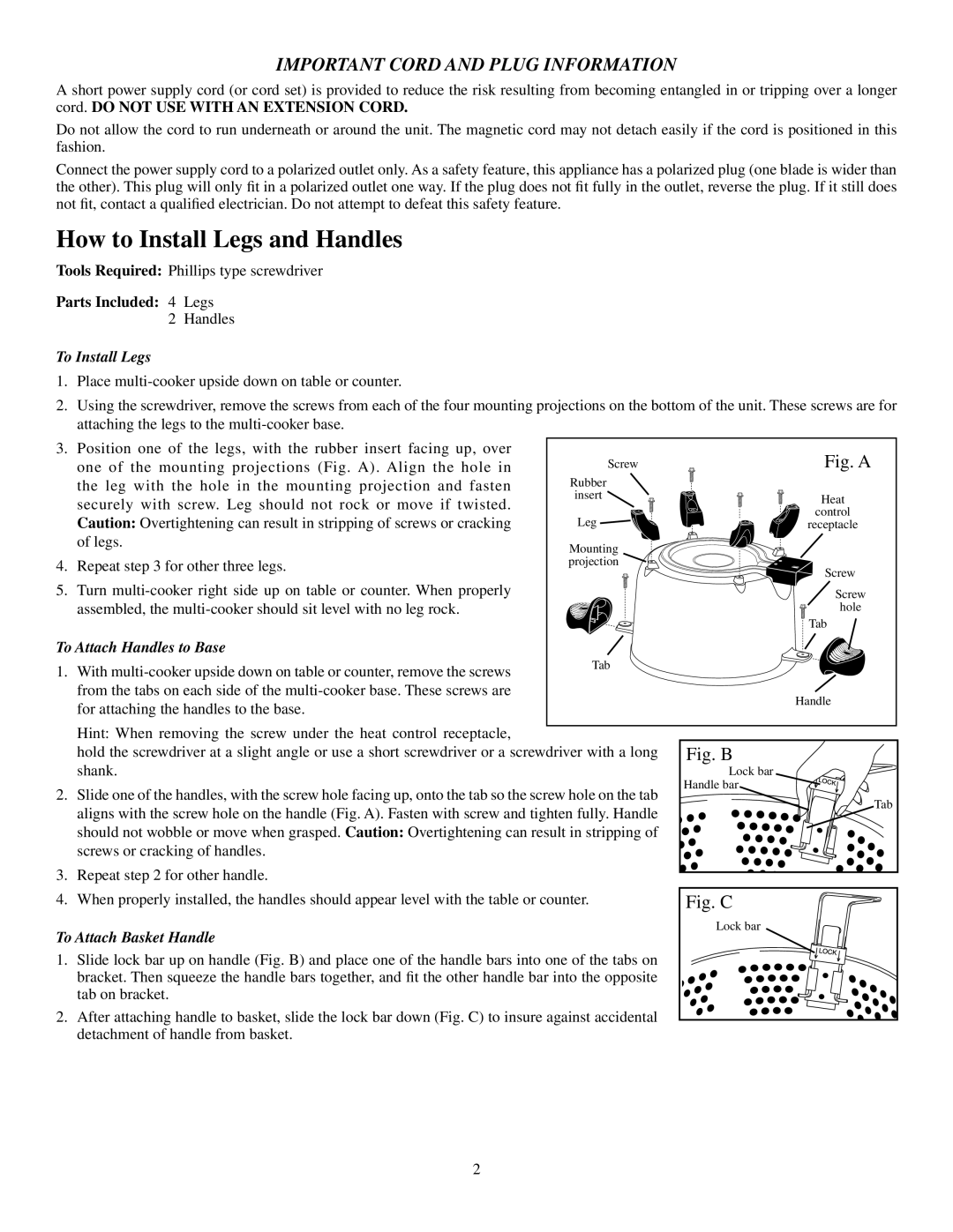 Presto 6006 manual How to Install Legs and Handles, Important Cord and Plug Information, Parts Included 4 Legs 