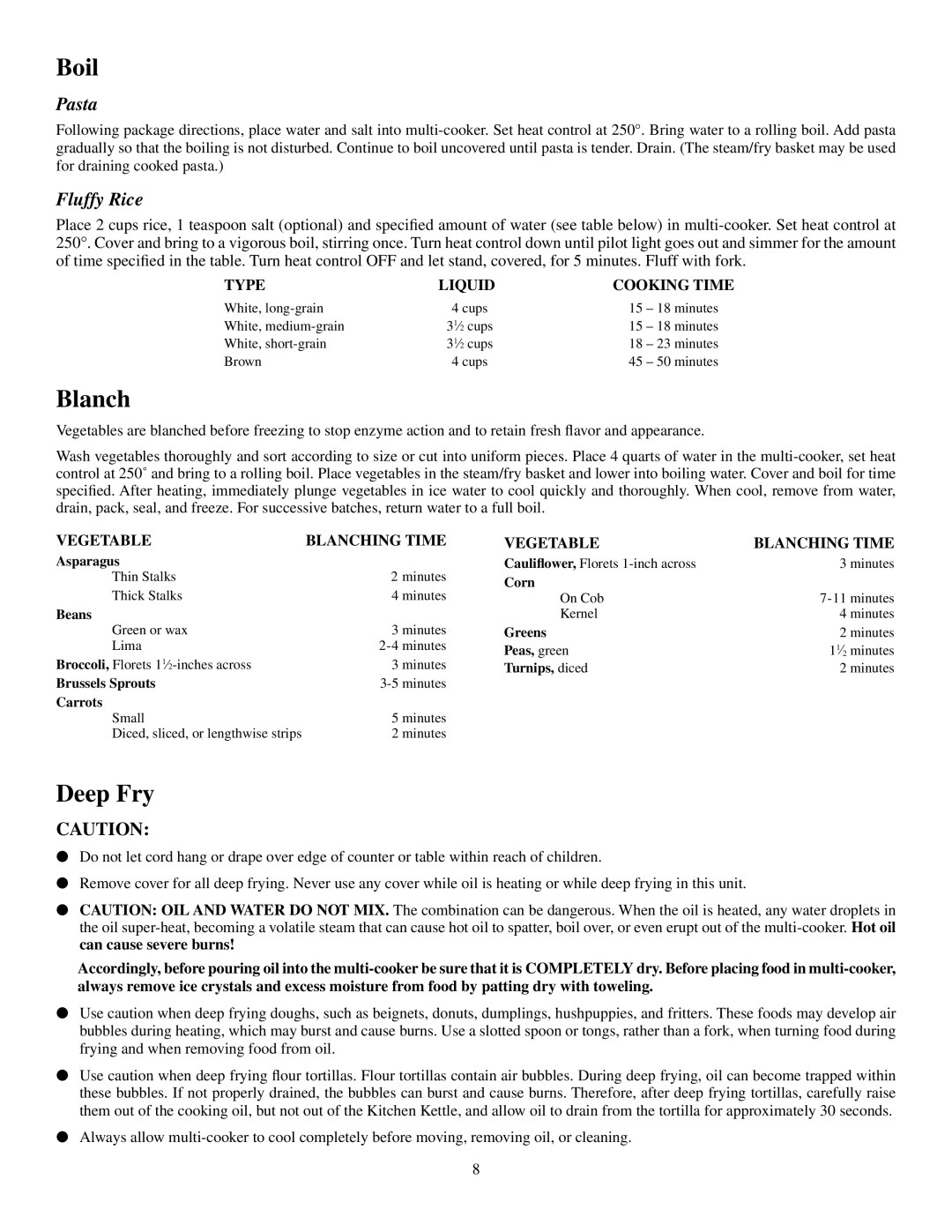 Presto 6006 manual Boil, Blanch, Deep Fry, Pasta, Fluffy Rice 