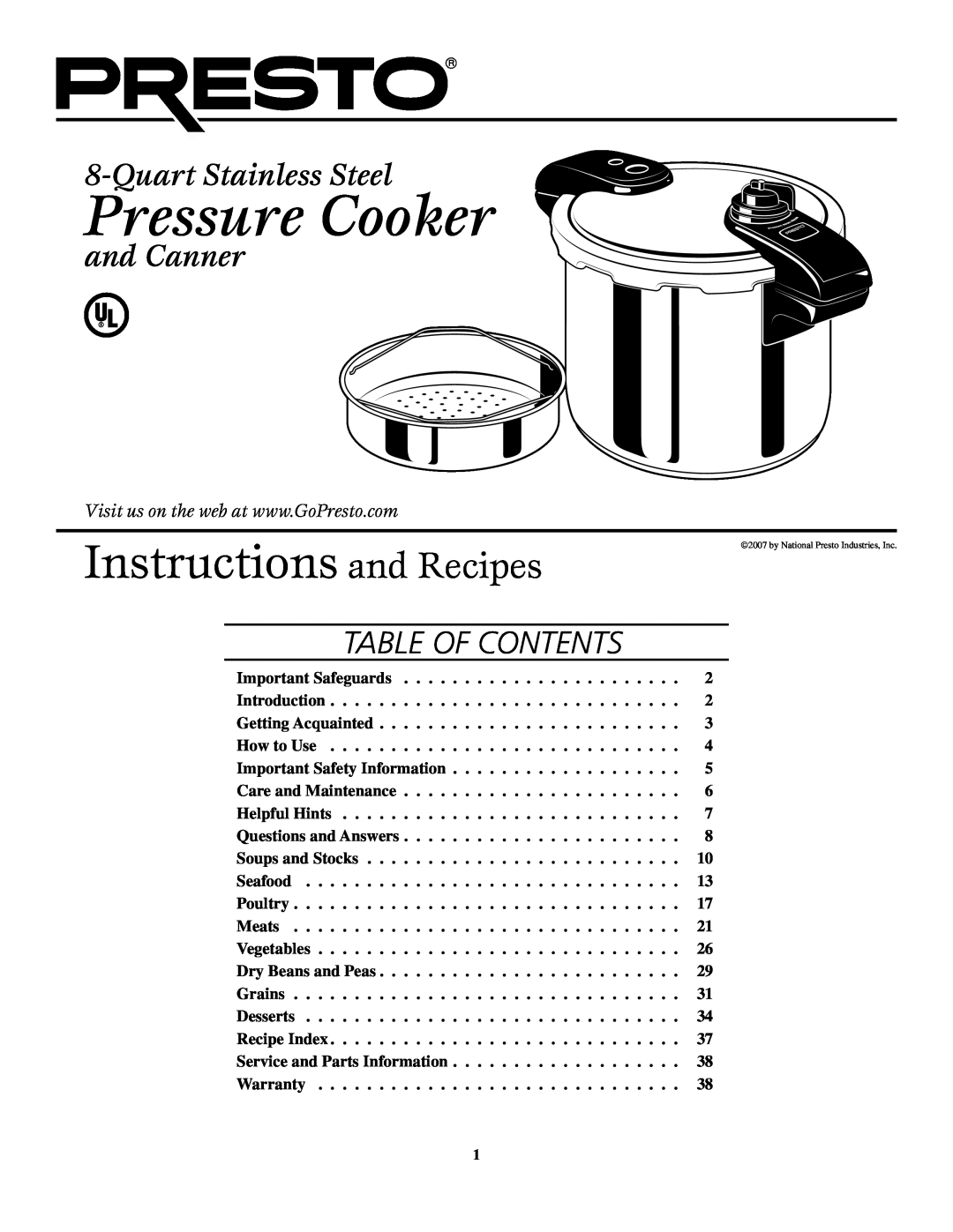Presto 8-Quart Stainless Steel Pressure Cooker and Canner warranty Table of Contents, instructions and Recipes 