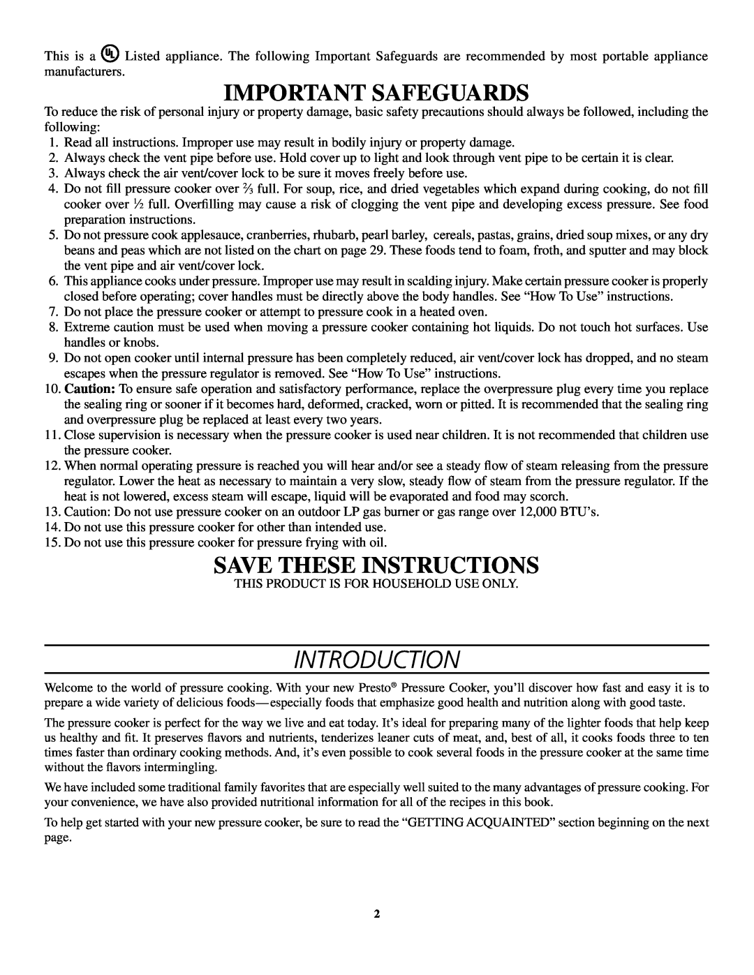 Presto 8-Quart Stainless Steel Pressure Cooker and Canner Introduction, Important Safeguards, Save These Instructions 