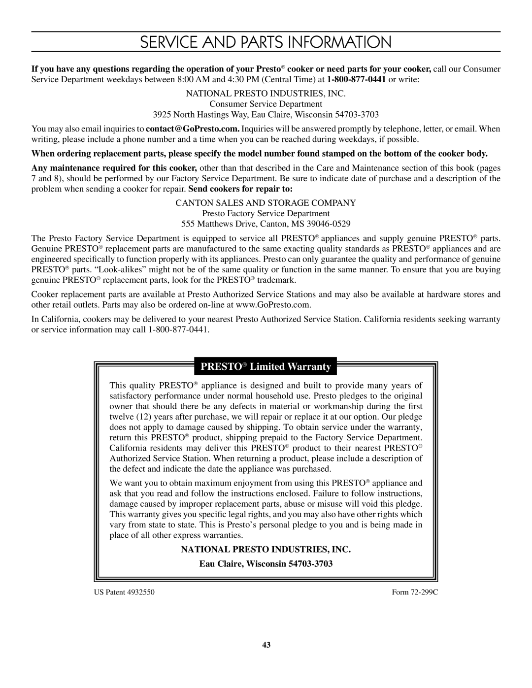 Presto 8-Quart Stainless Steel Pressure Cooker warranty Service And Parts Information, National Presto INDUSTRIES, INC 