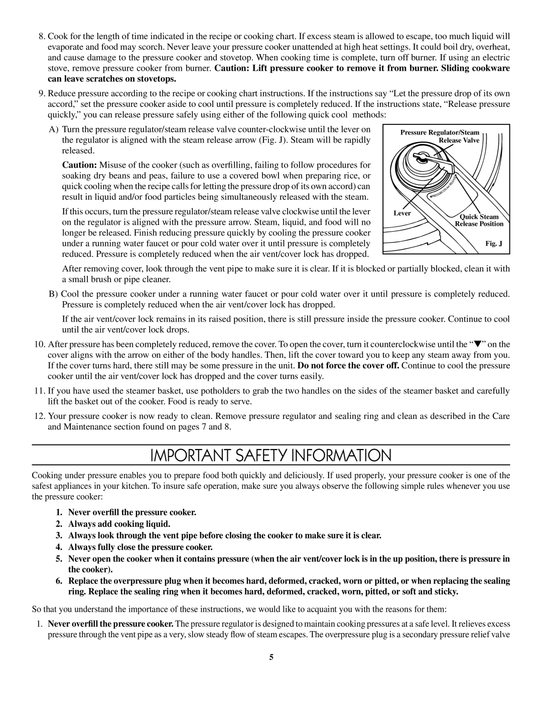 Presto 8-Quart Stainless Steel Pressure Cooker warranty Important Safety Information, Fig. J 