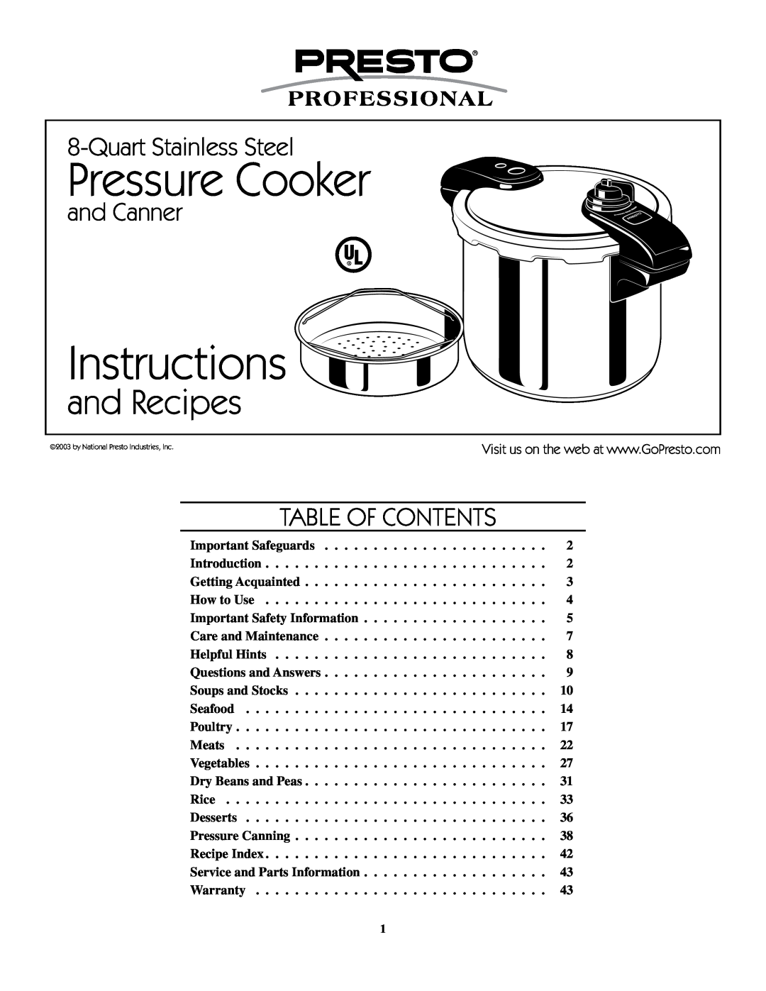 Presto 8-Quart Stainless Steel Pressure Cooker warranty and Canner, Table of Contents, instructions, and Recipes 
