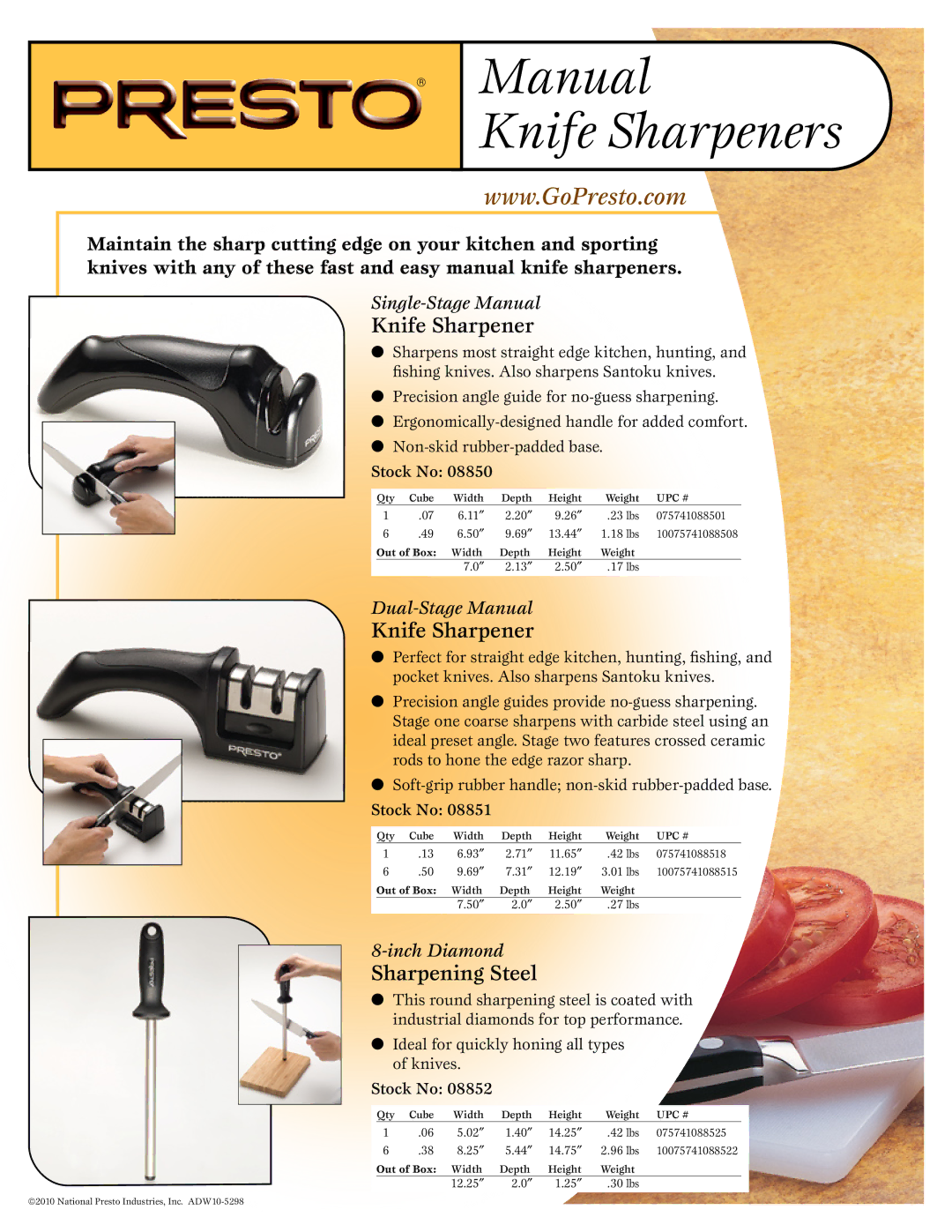 Presto 8850 manual Manual Knife Sharpeners, Sharpening Steel 