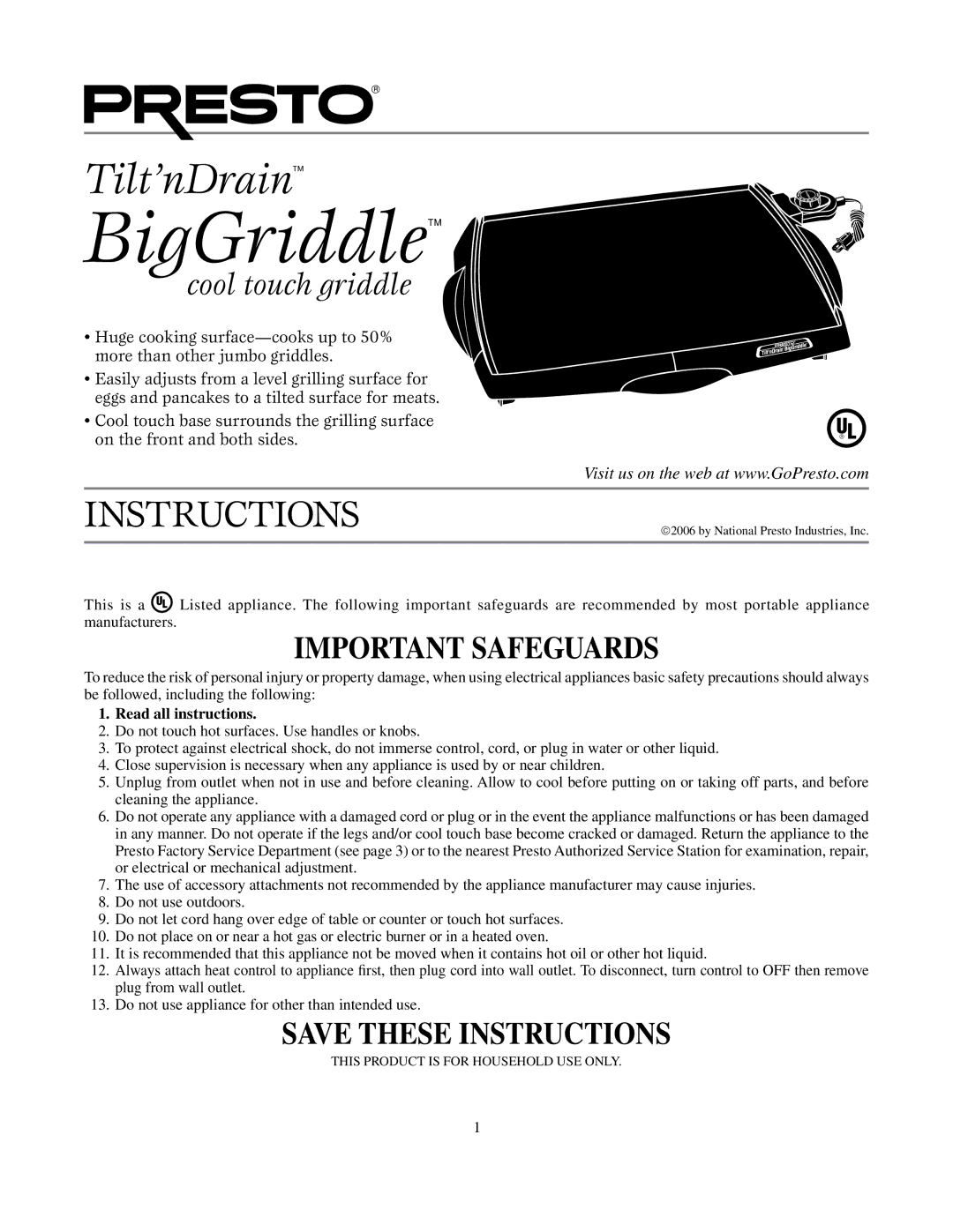 Presto BigGriddle cooltouchgriddle manual BigGriddle 