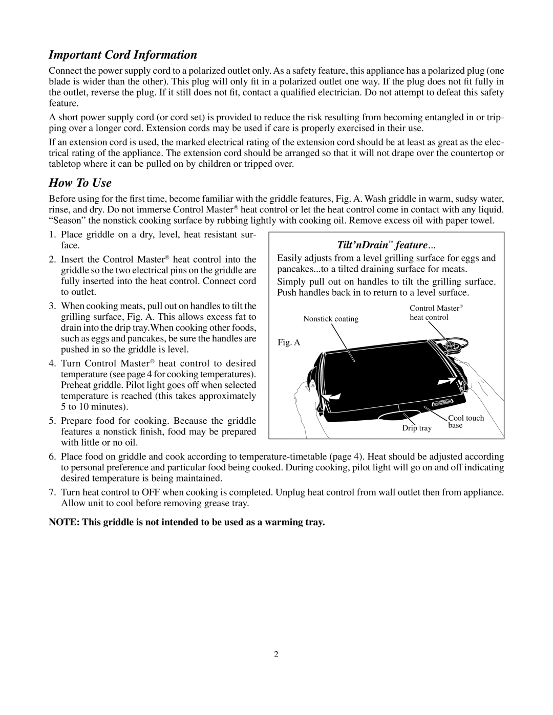 Presto BigGriddle cooltouchgriddle manual Important Cord Information, How To Use 