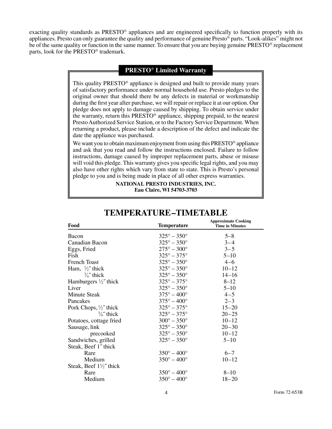 Presto BigGriddle cooltouchgriddle manual Temperature-Timetable 