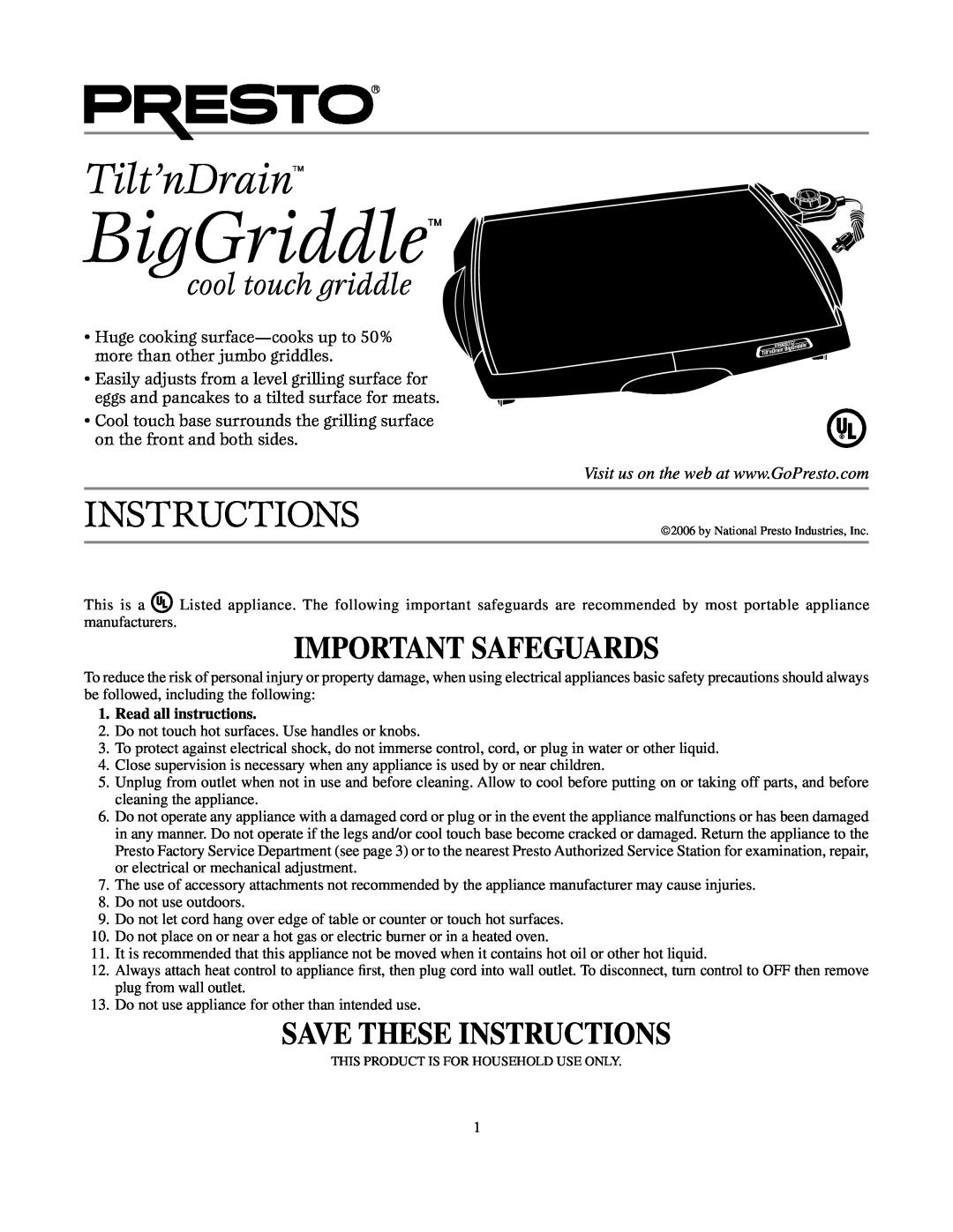 Presto BigGriddle cooltouchgriddle manual BigGriddle, Tilt’nDrain, Instructions, cool touch griddle 