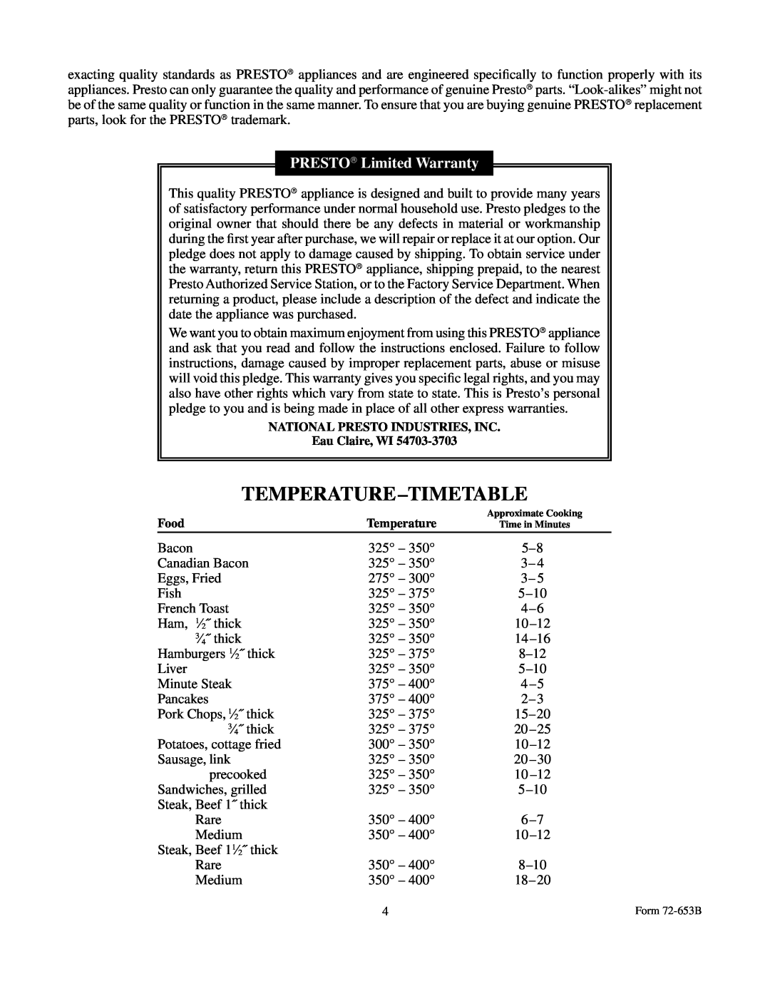 Presto BigGriddle cooltouchgriddle manual Temperature-Timetable, PRESTO Limited Warranty 