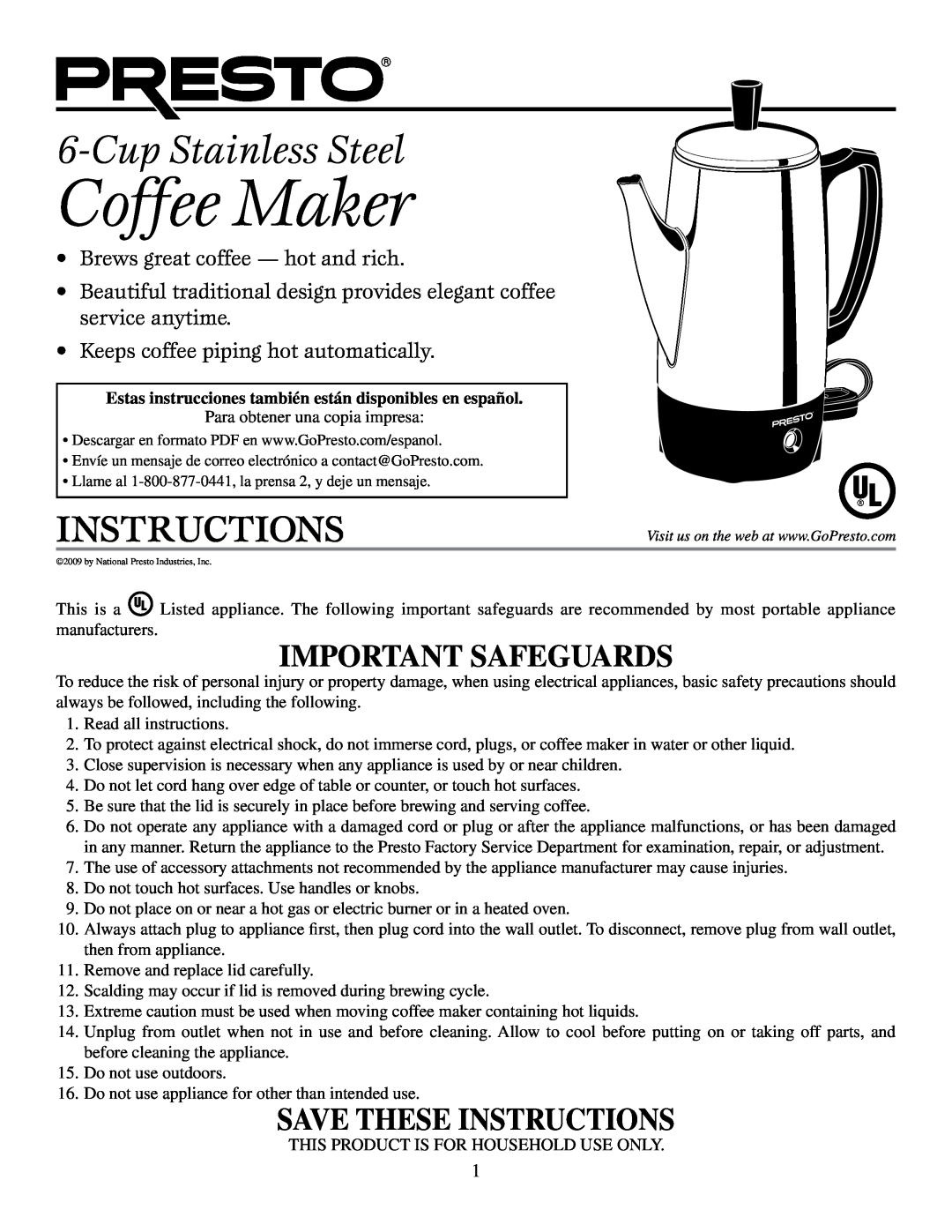 Presto Coffeemaker manual Coffee Maker, CupStainless Steel, Important Safeguards, Save These Instructions 