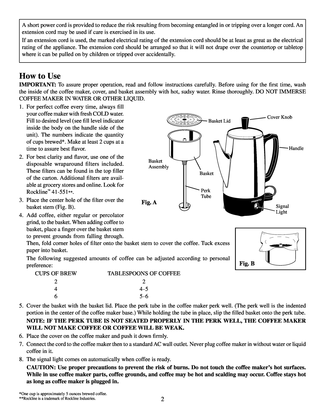 Presto Coffeemaker manual How to Use, Fig. A, Fig. B 