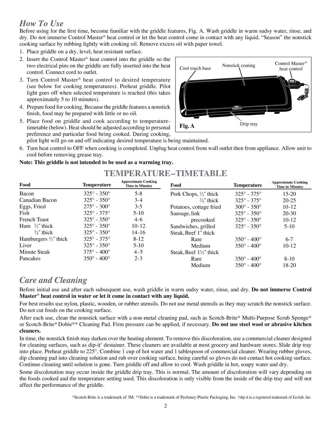 Presto 7030, Cool Touch Electric Griddle manual How To Use, Temperature-Timetable, Care and Cleaning 