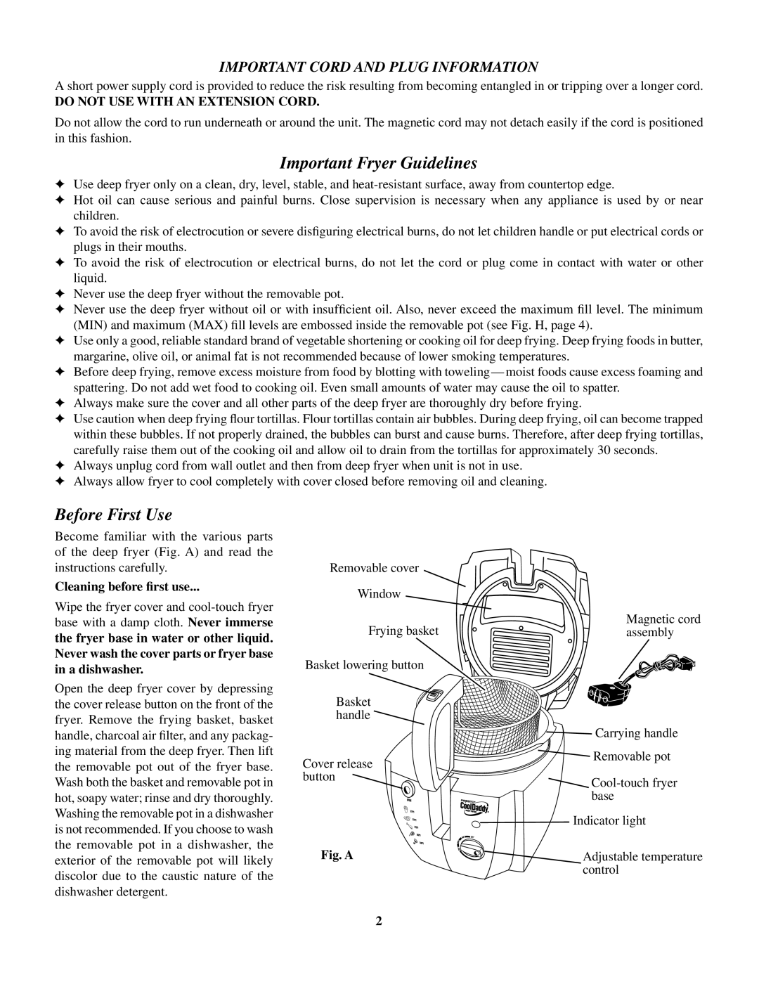 Presto CoolDaddy manual Important Fryer Guidelines, Before First Use, Cleaning before first use 