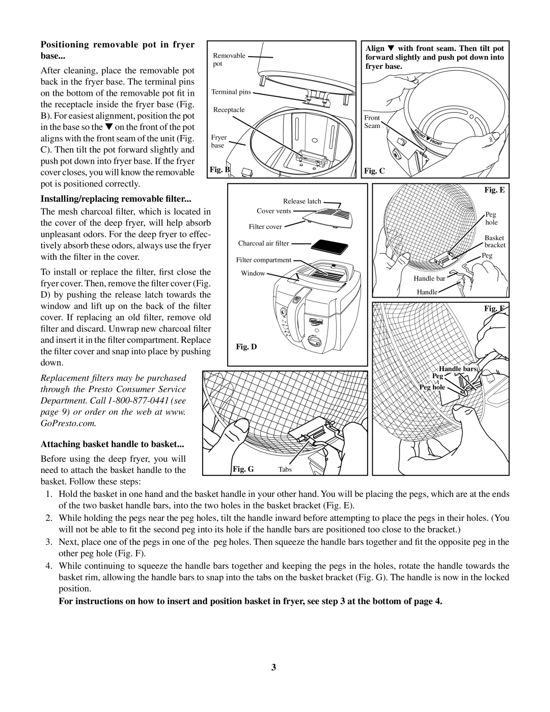 Presto CoolDaddy manual Positioning removable pot in fryer, Base, Installing/replacing removable filter 