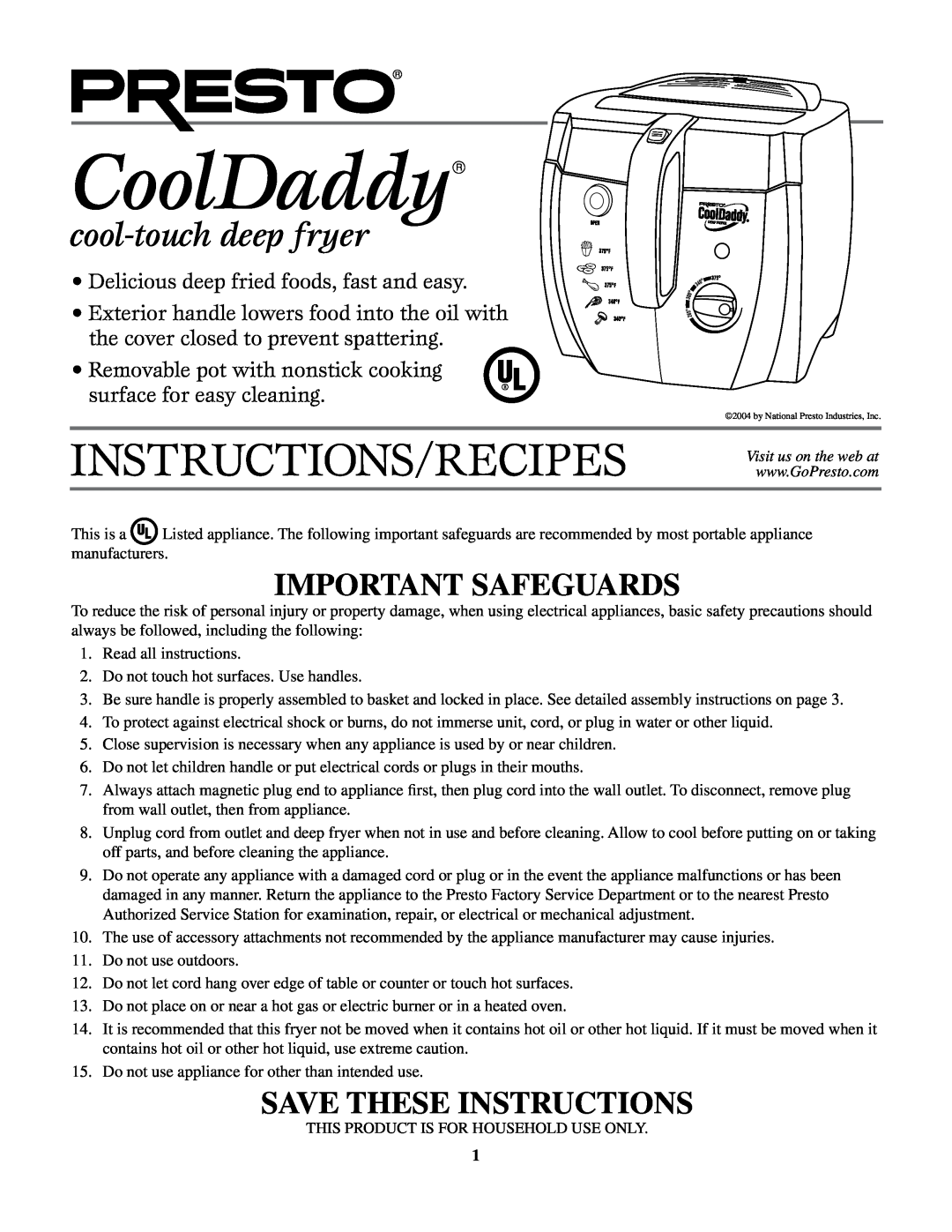 Presto manual CoolDaddy, cool-touch deep fryer, Important Safeguards, Save These Instructions 