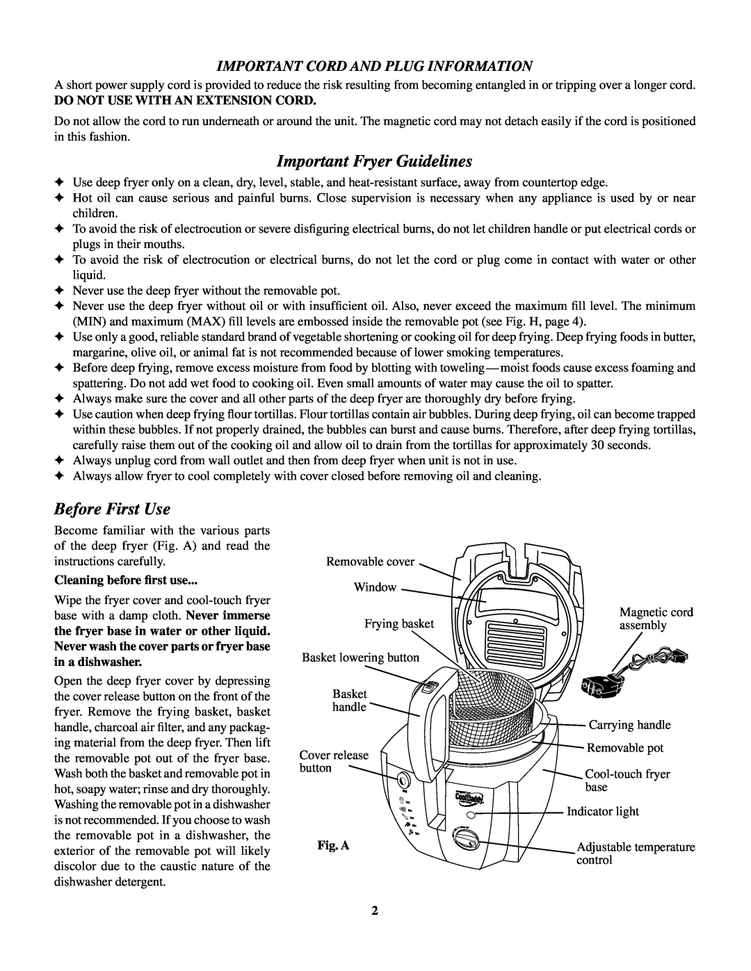 Presto CoolDaddy manual Important Fryer Guidelines, Before First Use, Do Not Use With An Extension Cord, Fig. A 