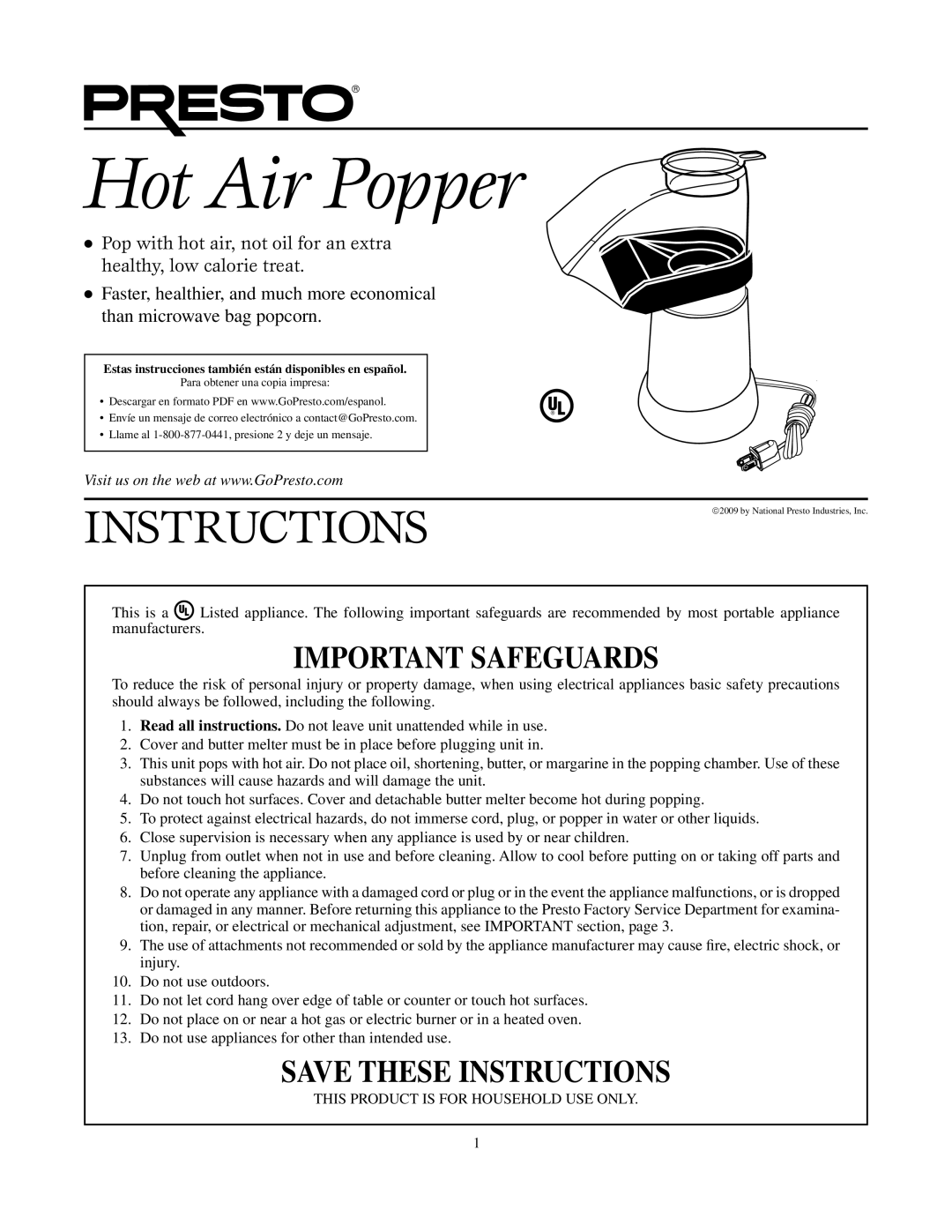 Presto Corn Popper manual Hot Air Popper 