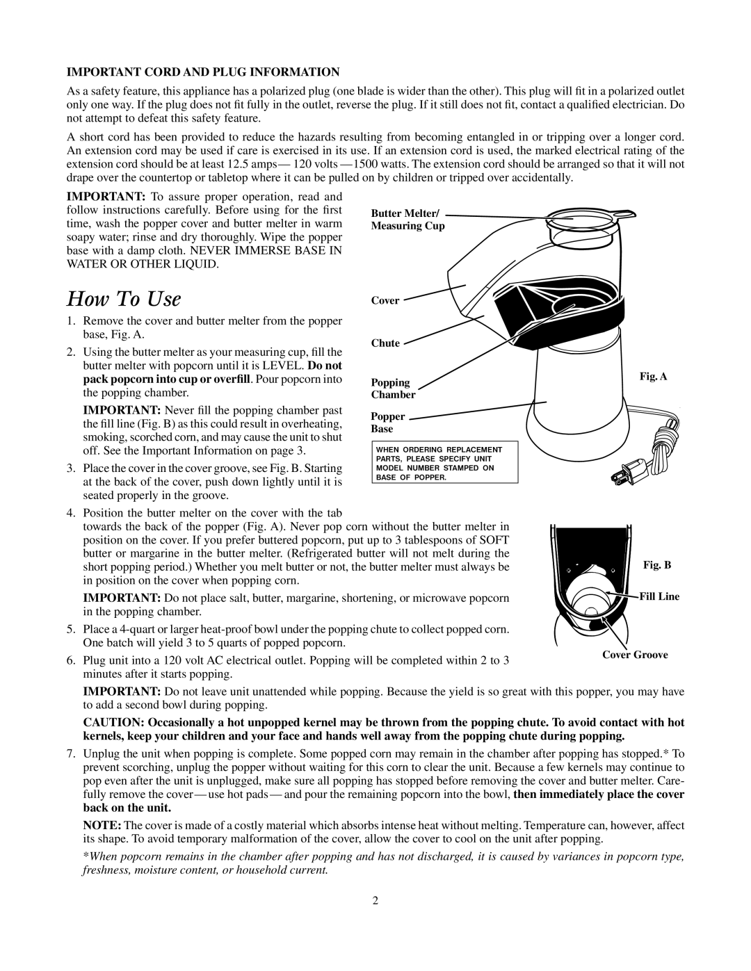 Presto Corn Popper manual How To Use, Important Cord and Plug Information 