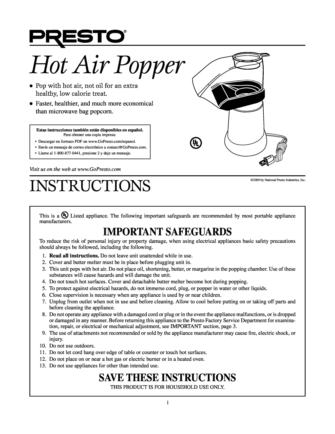 Presto Corn Popper manual Hot Air Popper, Important Safeguards, Save These Instructions 