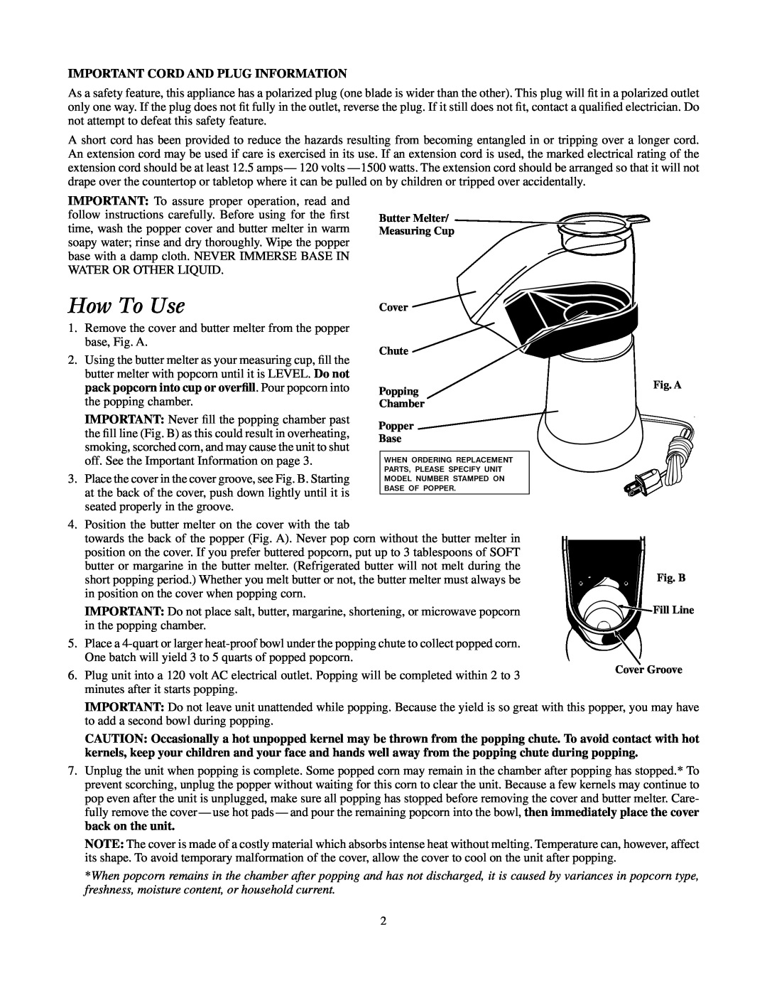Presto Corn Popper manual How To Use, Important Cord And Plug Information 