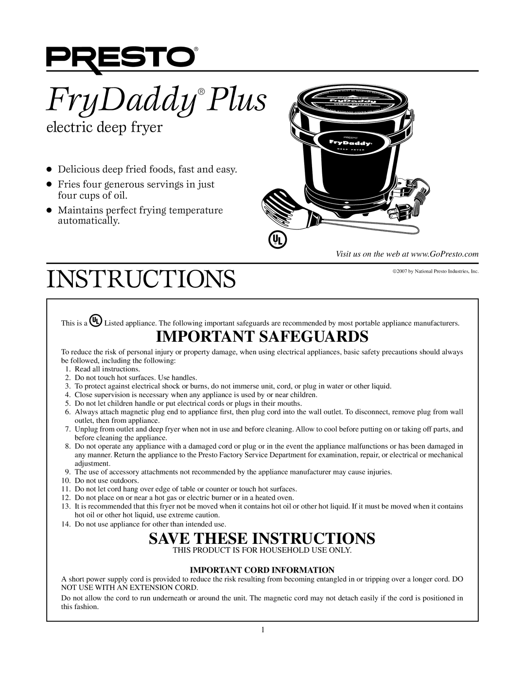 Presto deep frye manual FryDaddy Plus, Important Cord Information 