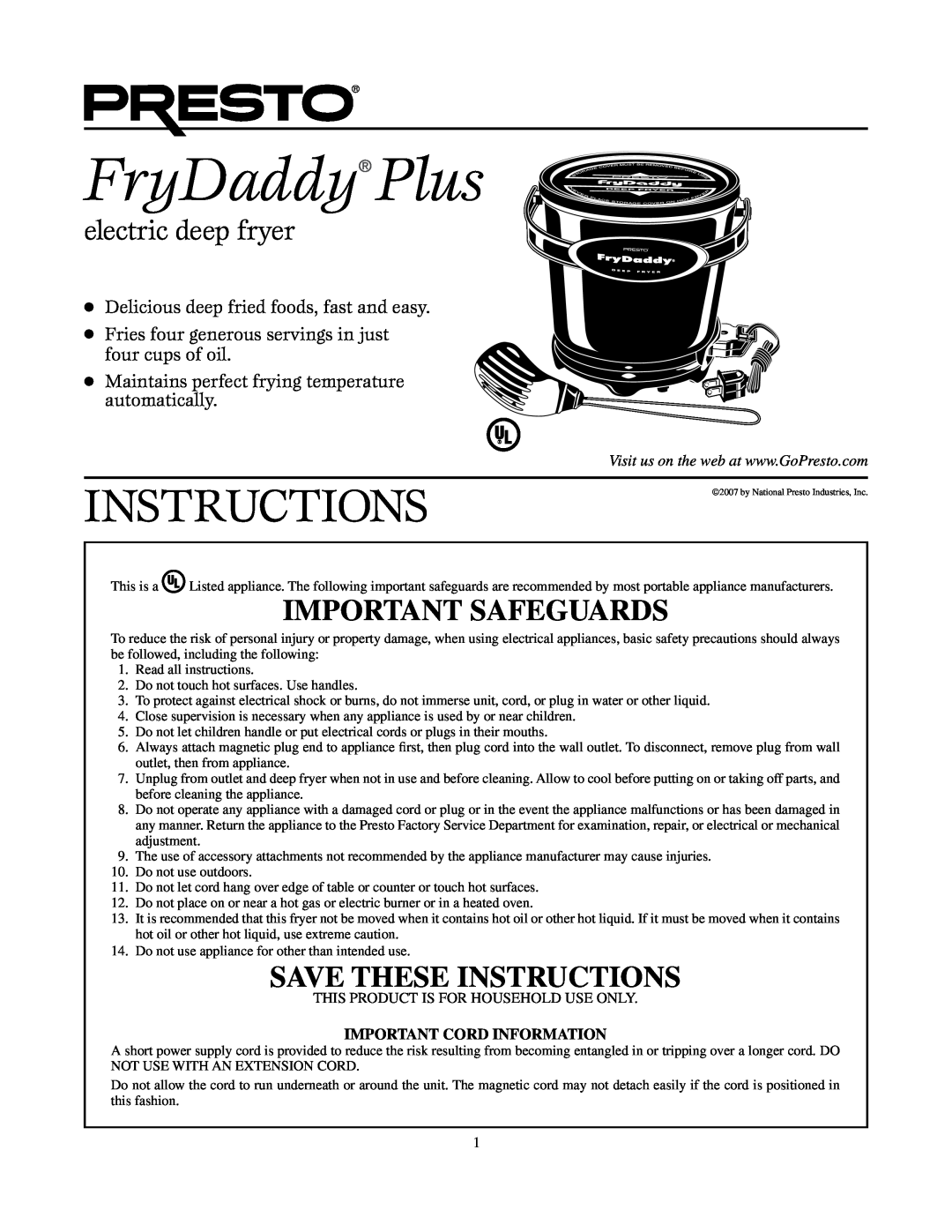 Presto manual FryDaddy Plus, Important Safeguards, Save These Instructions, electric deep fryer 
