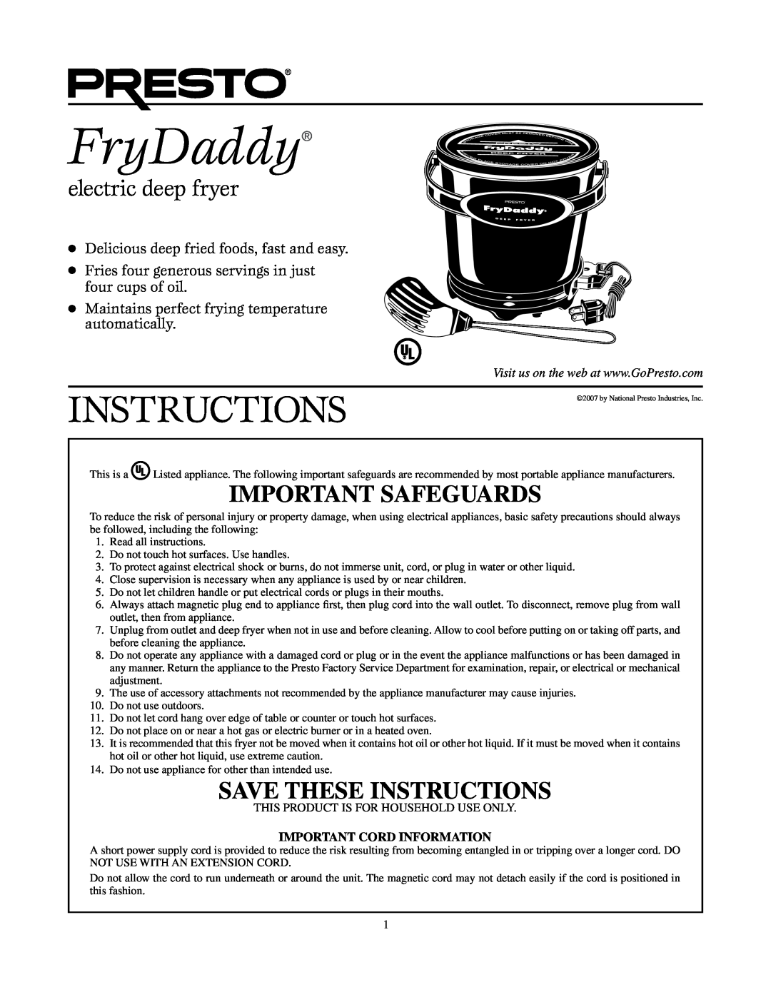 Presto Deep Fryer manual FryDaddy, Important Safeguards, Save These Instructions, electric deep fryer 