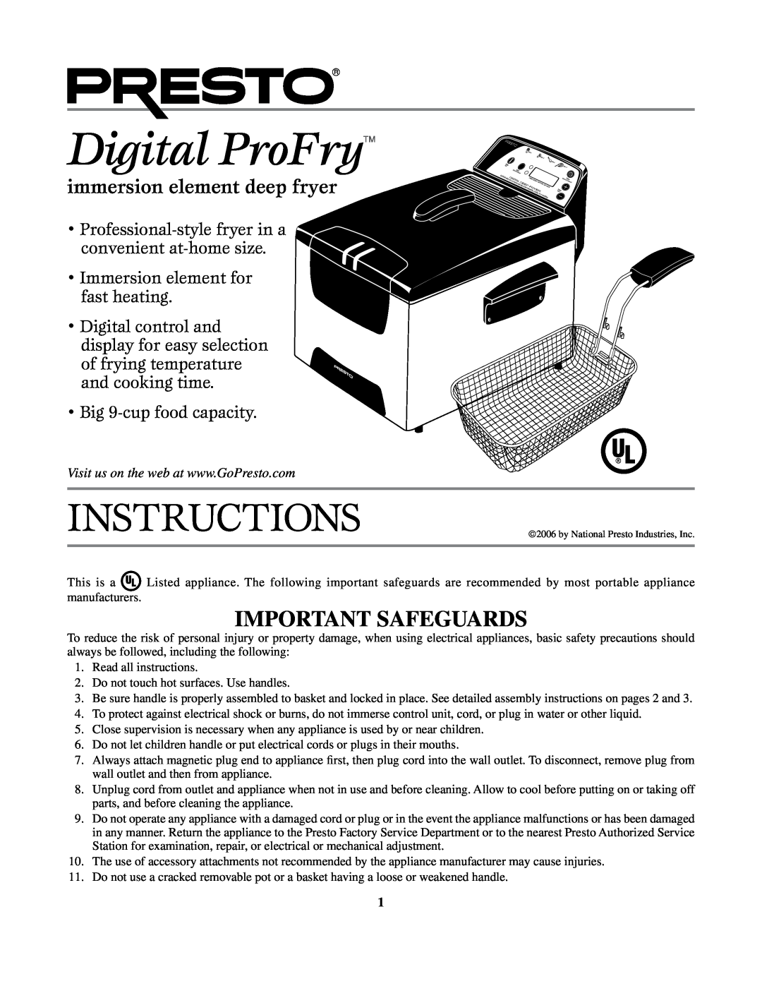 Presto manual Important Safeguards, Digital ProFry, Instructions, immersion element deep fryer 